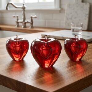 Vintage Mini Red Art Glass Apple Figurines Set of 3 Table Scatter Cottagecore